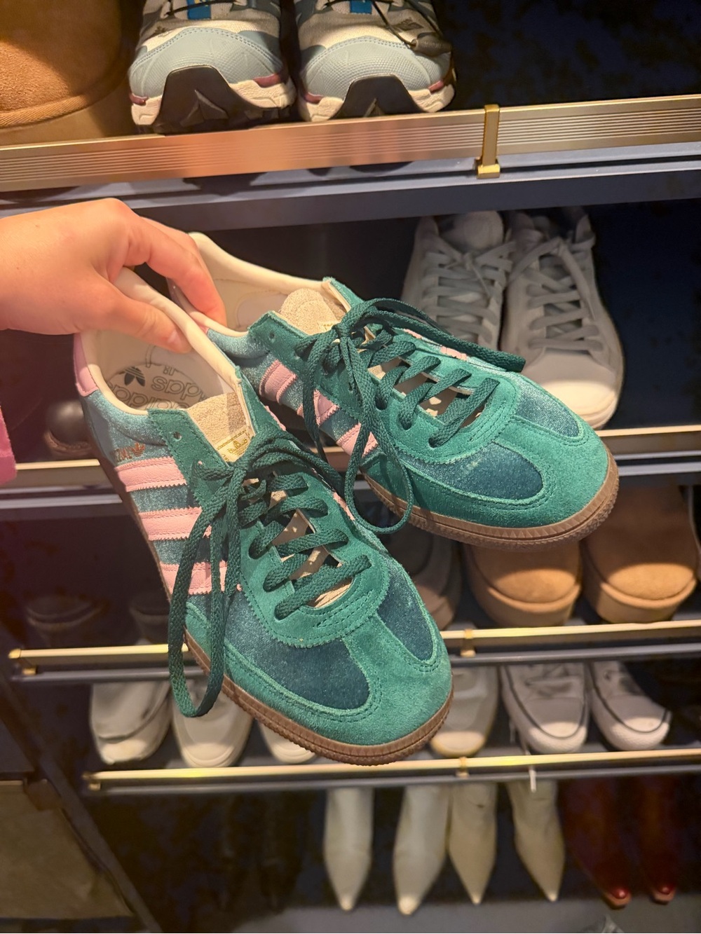 adidas Teal Suede Sneakers with Pink Stripes